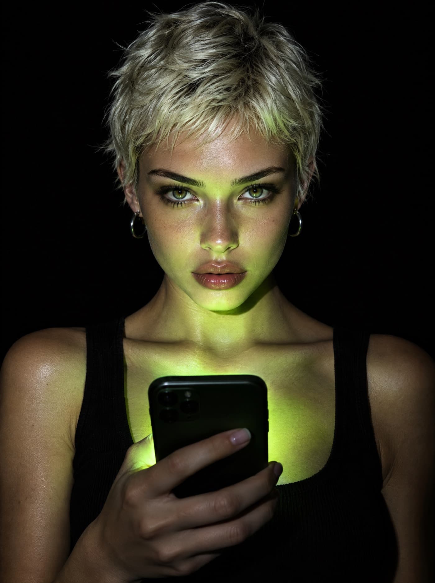 Portrait lit by the lime glow of a phone screen on a black backdrop